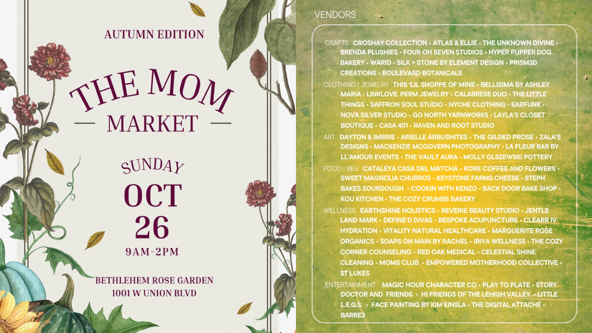 The Mom Market poster (left) and list of vendors (right) (Photo Courtesy: The Mom Market)