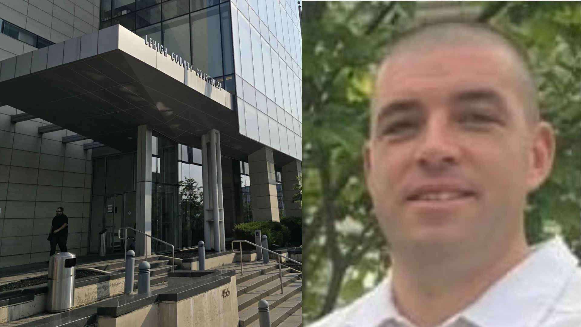 Lehigh County Courthouse (left) and headshot of Jason Krasley (right)