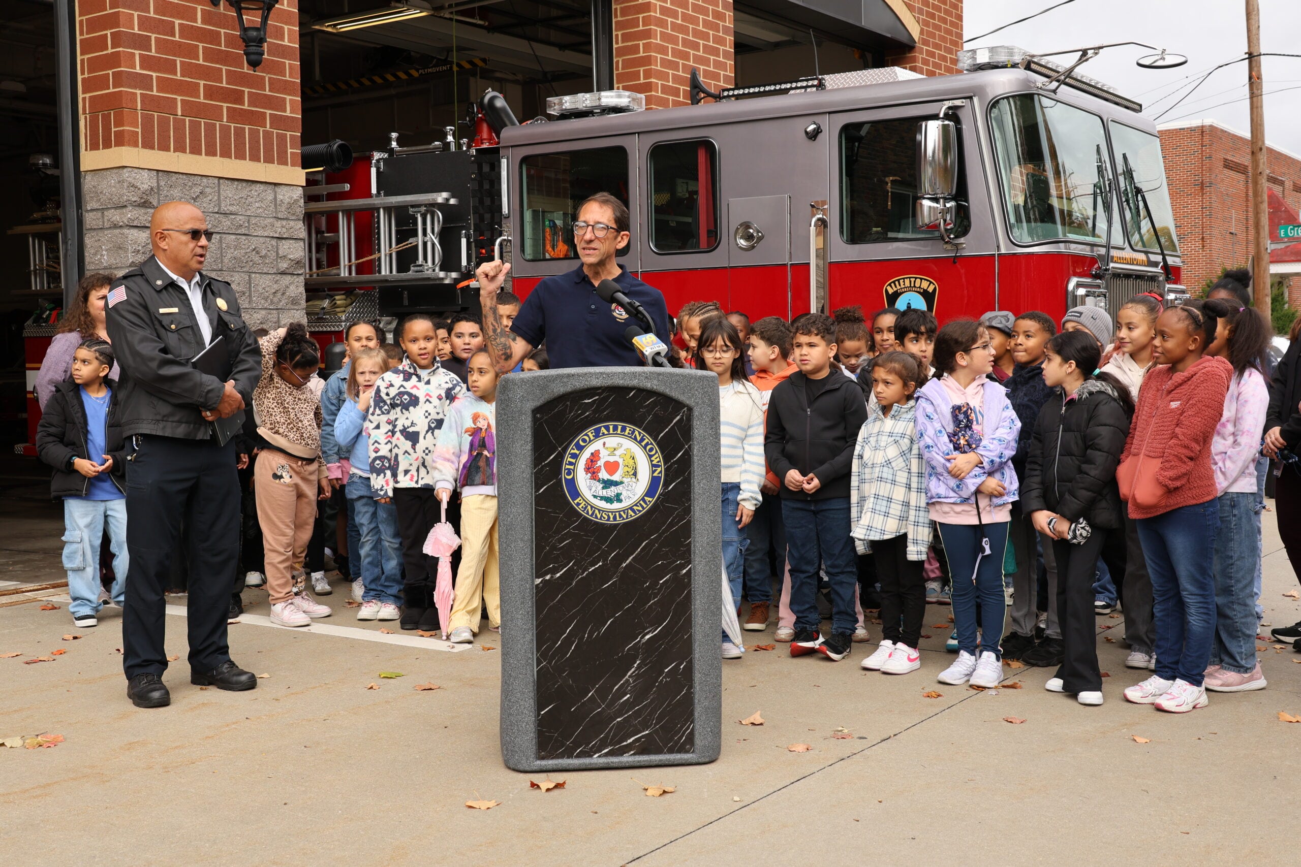 matt tuerk speaks at fire station new fire trucks allentown pa kids students