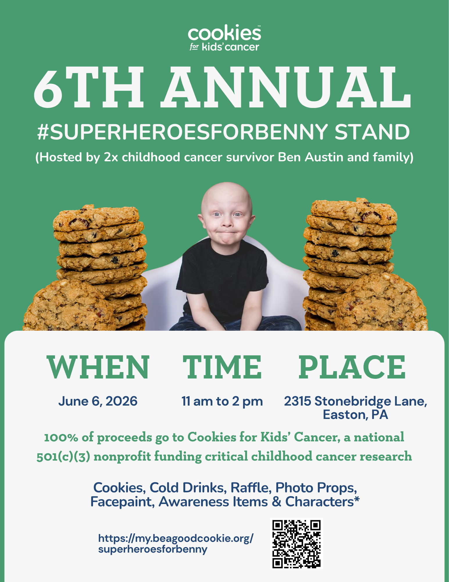 Event flyer for the 6th Annual #SuperheroesForBenny Stand showing a smiling young boy seated between two tall stacks of cookies, with event details: June 6, 2026, 11 a.m. to 2 p.m., at 2315 Stonebridge Lane, Easton, PA.