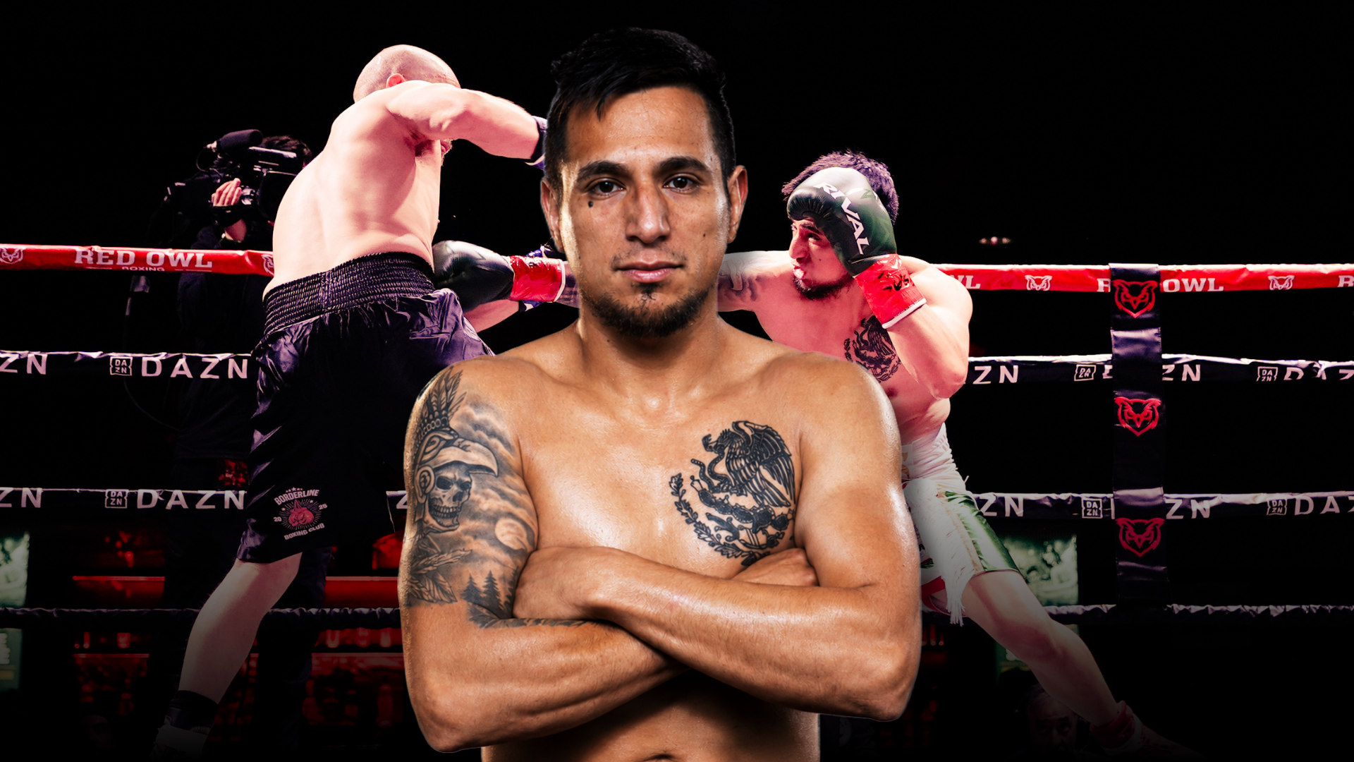gustavo morales stands with arms crossed in the foreground showing tattoos of a mexican coat of arms and a skull, with a faded action shot behind him of morales in green headgear landing a right hand on chevy bridges in black shorts inside the red owl boxing ring at archer music hall