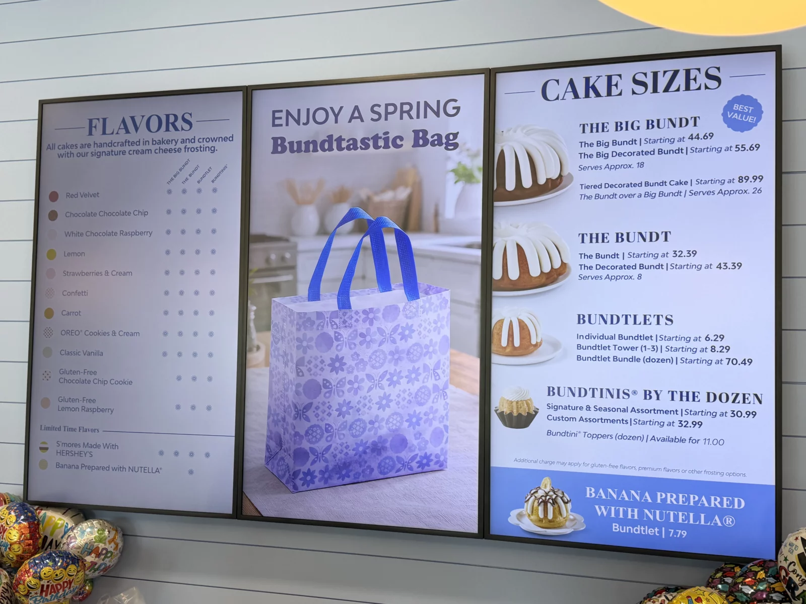 A Nothing Bundt Cakes menu board lists flavors, cake sizes and prices inside the Easton bakery.