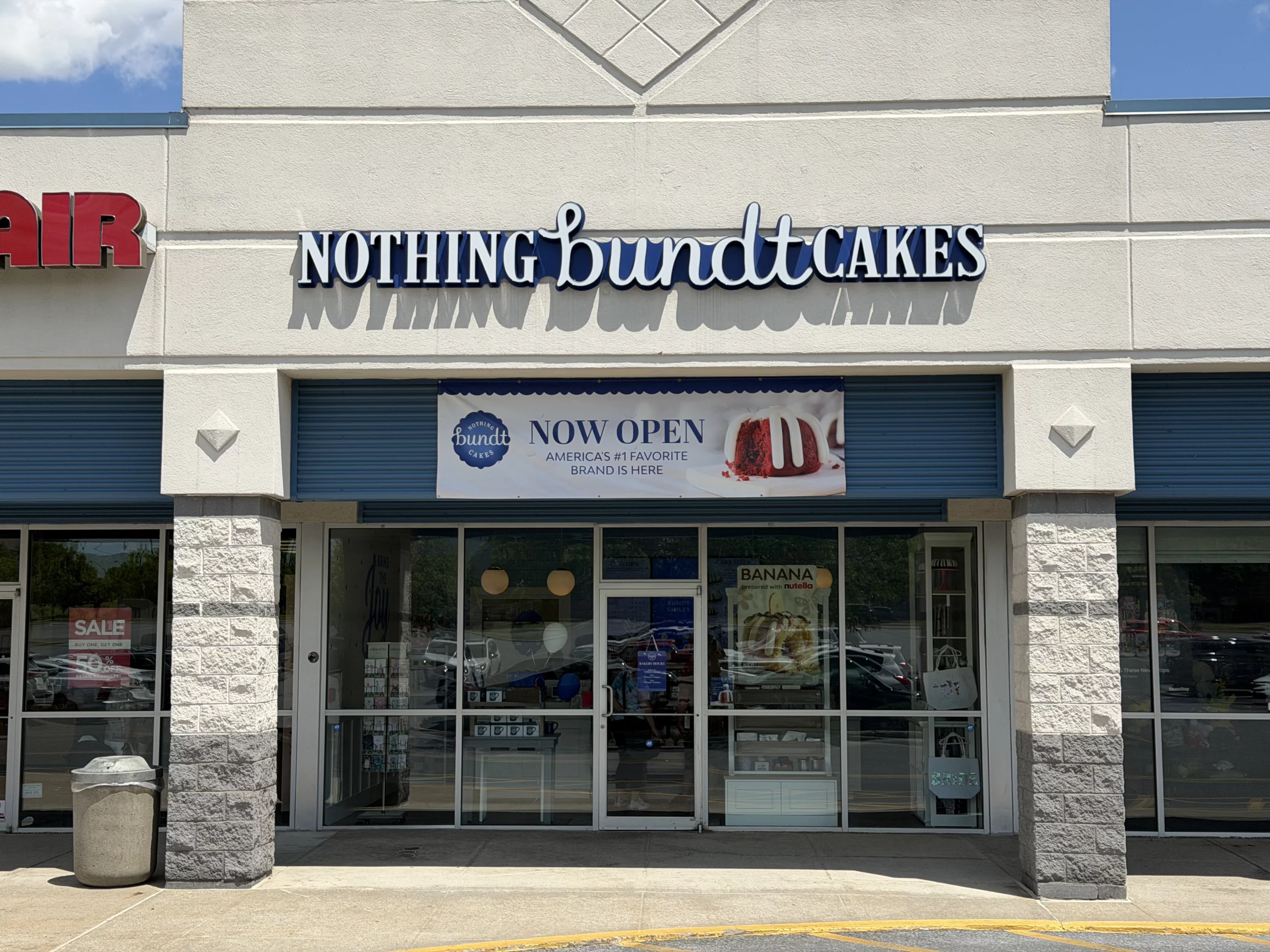 The exterior storefront of Nothing Bundt Cakes at 3788 Nazareth Road in Easton with a now open banner.