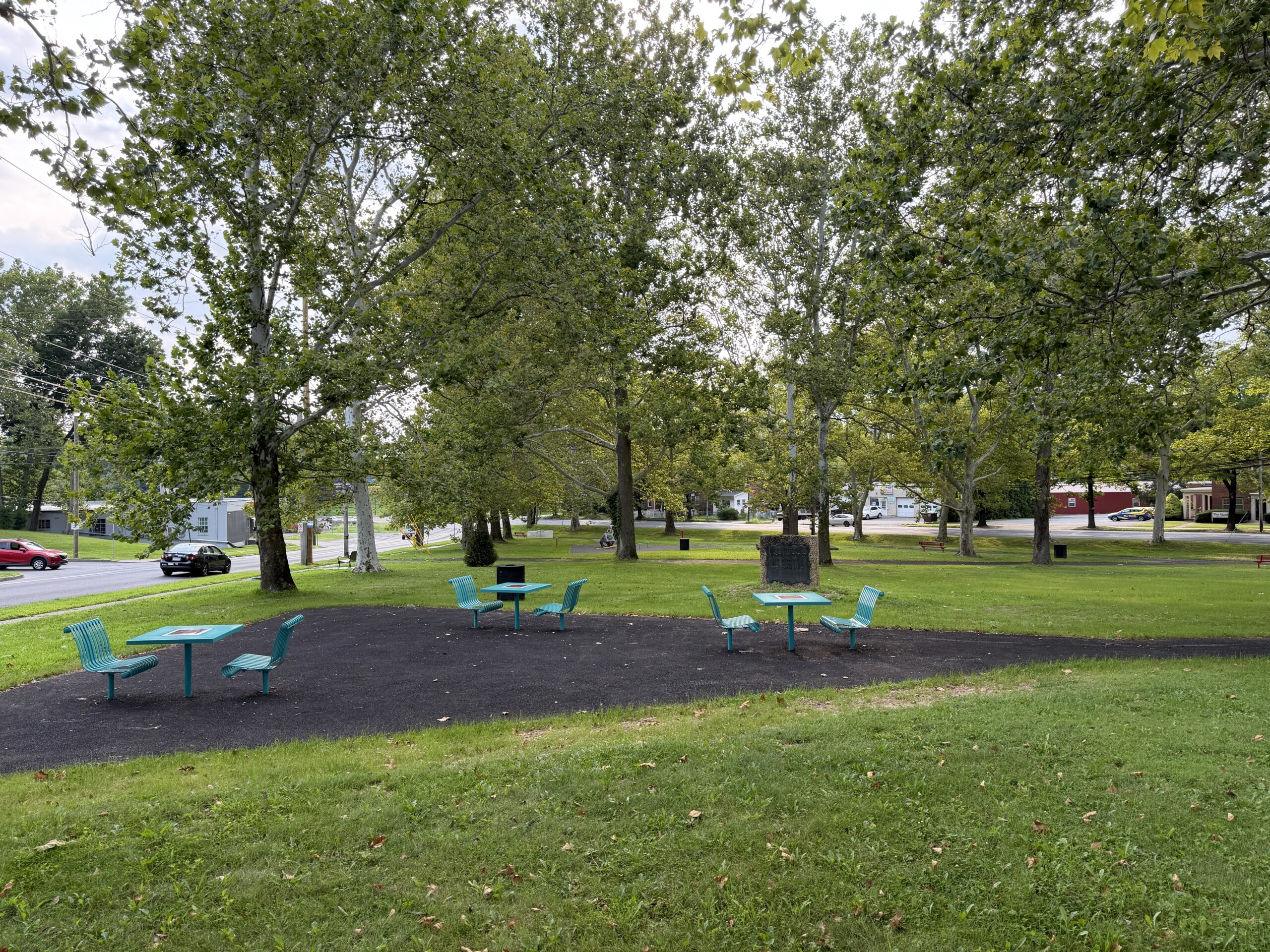 Teal metal picnic tables on a paved area under mature trees in a grassy park.