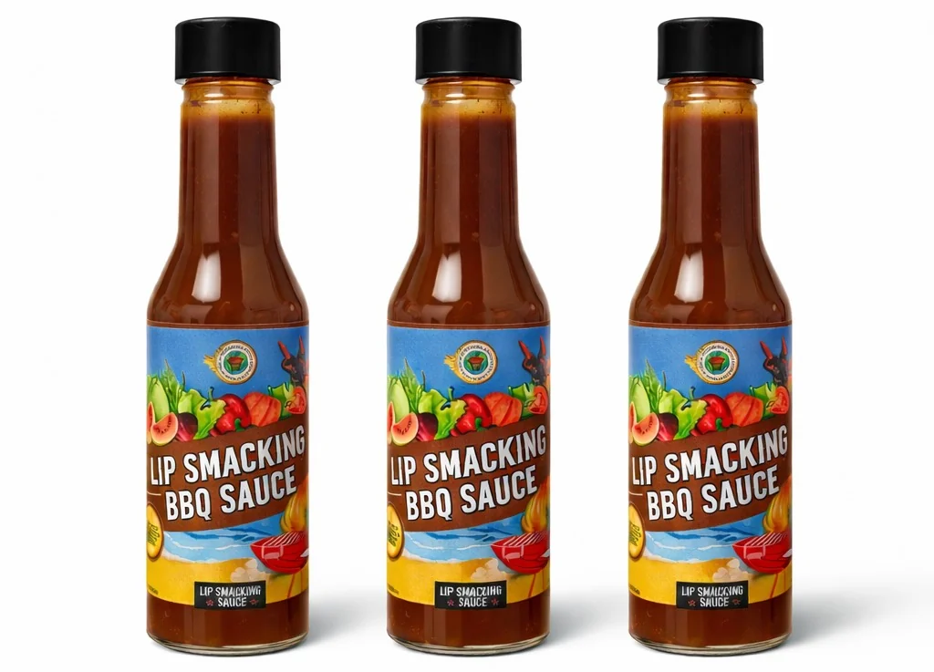 Three glass bottles of barbecue sauce with colorful labels stand side-by-side against a white background.