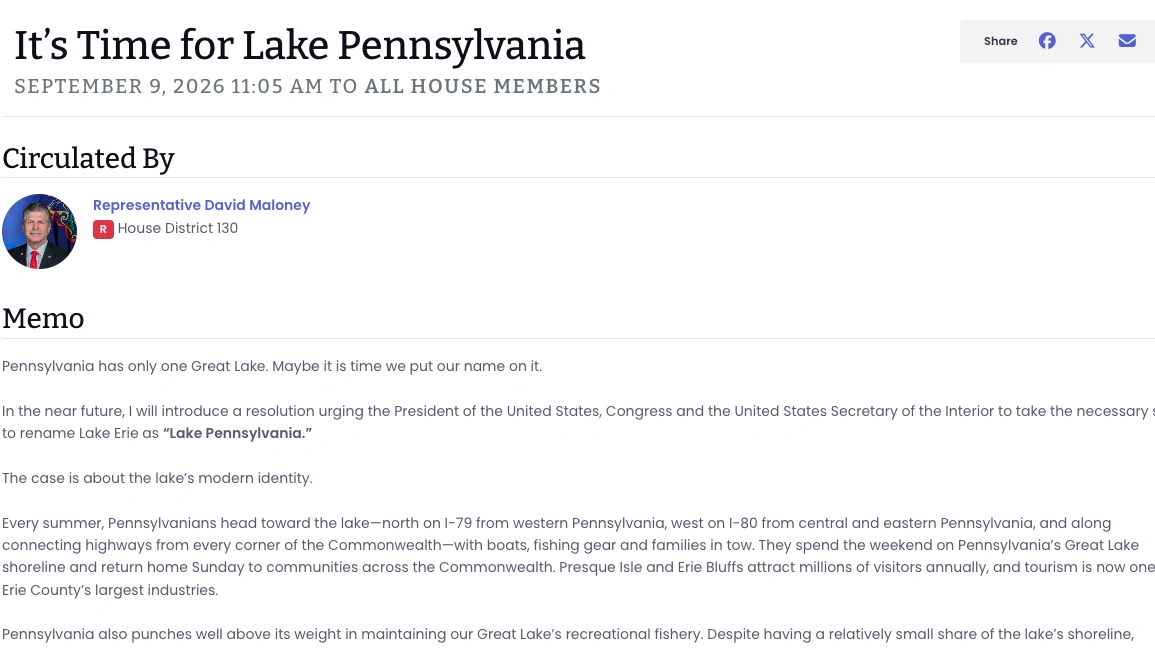 Rep. Maloney proposes renaming Lake Erie to ‘Lake Pennsylvania’ following federal actions