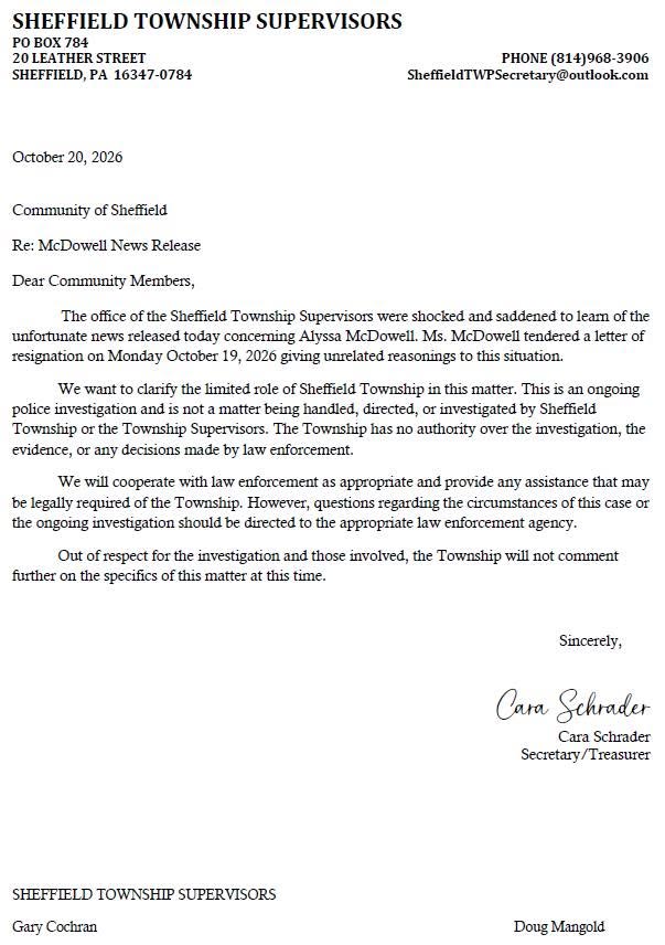 A one-page typed letter on Sheffield Township Supervisors letterhead, dated Oct. 20, 2026, addressed to the Community of Sheffield and signed by Cara Schrader, secretary-treasurer.