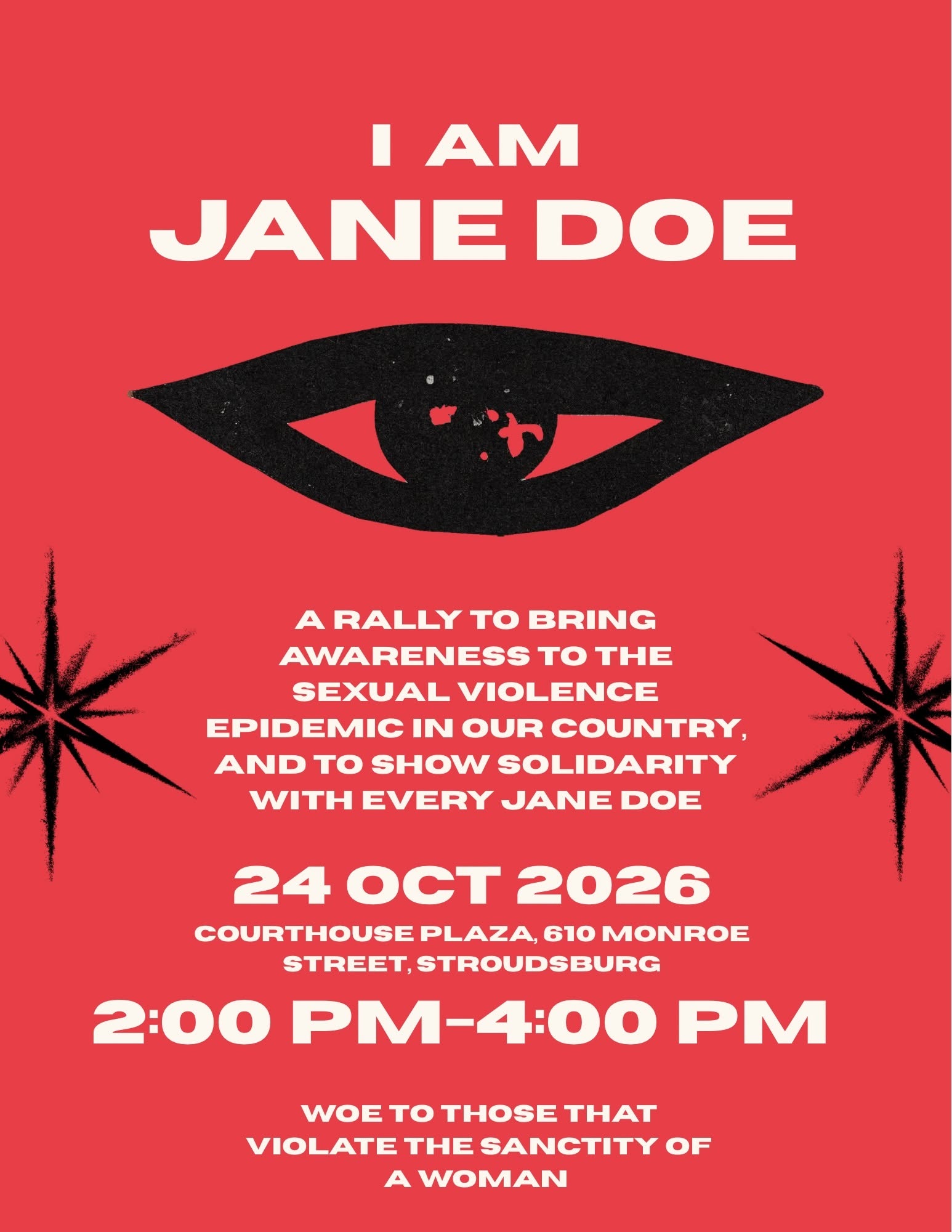 A red poster with a black stylized eye and the rally's date, time and address.